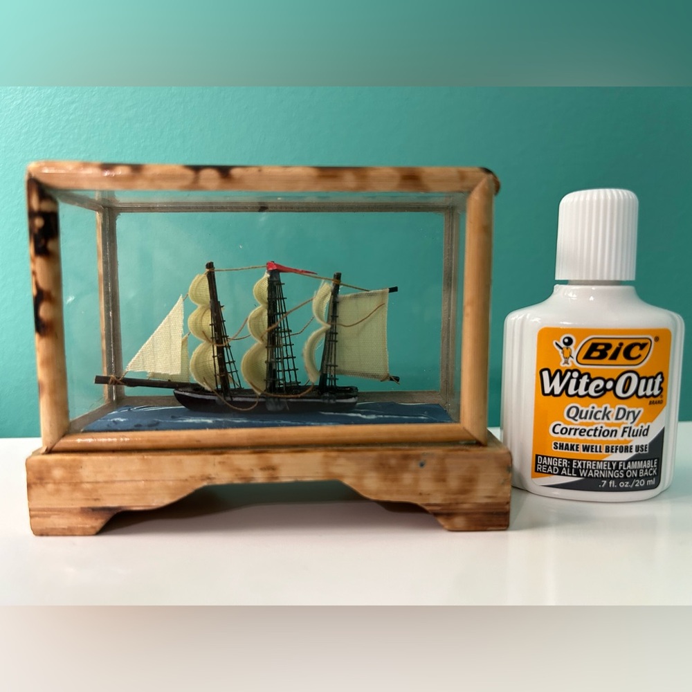Vintage Miniature Wooden Ship in Glass Display Case - Picture 3 of 10